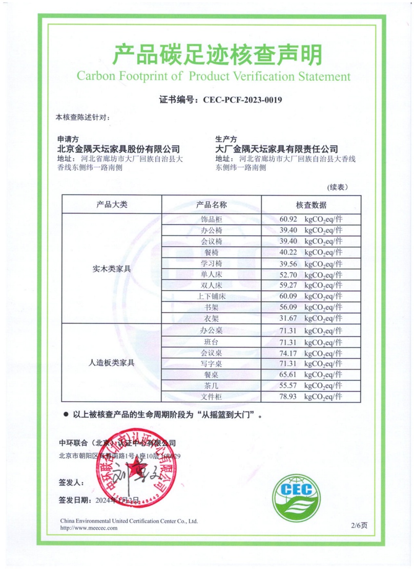 大廠金隅天壇家具有限責(zé)任公司-CEC-PCF-2023-0019